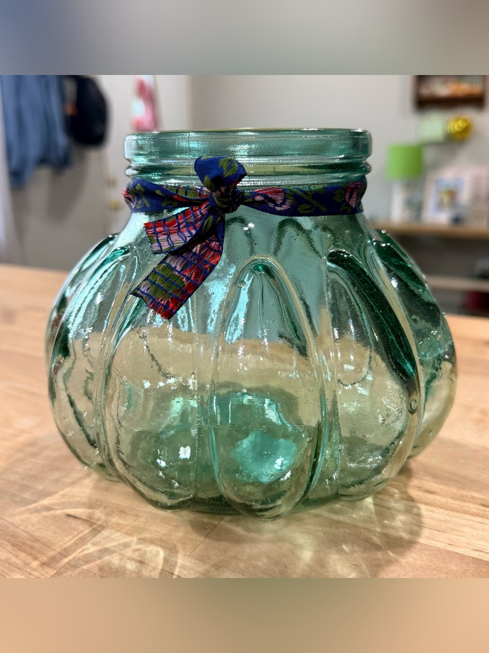 Teal Ribbed Glass Pumpkin Vase with Decorative Ribbon